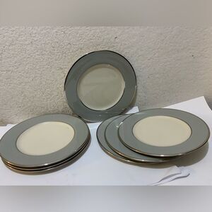 Set Of 7 Flintridge Brookmere Rim 8.25” Salad Plates Gray White Platinum Trim
